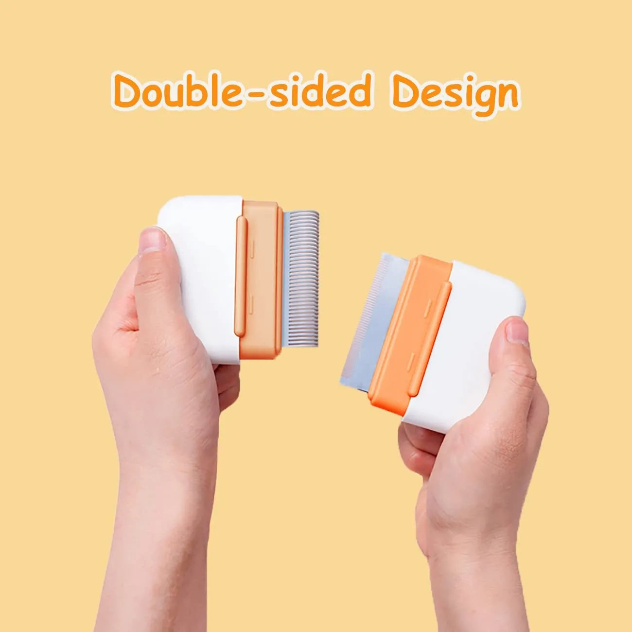 Blue double-sided pet grooming comb for deshedding and massage, shown next to a cat.