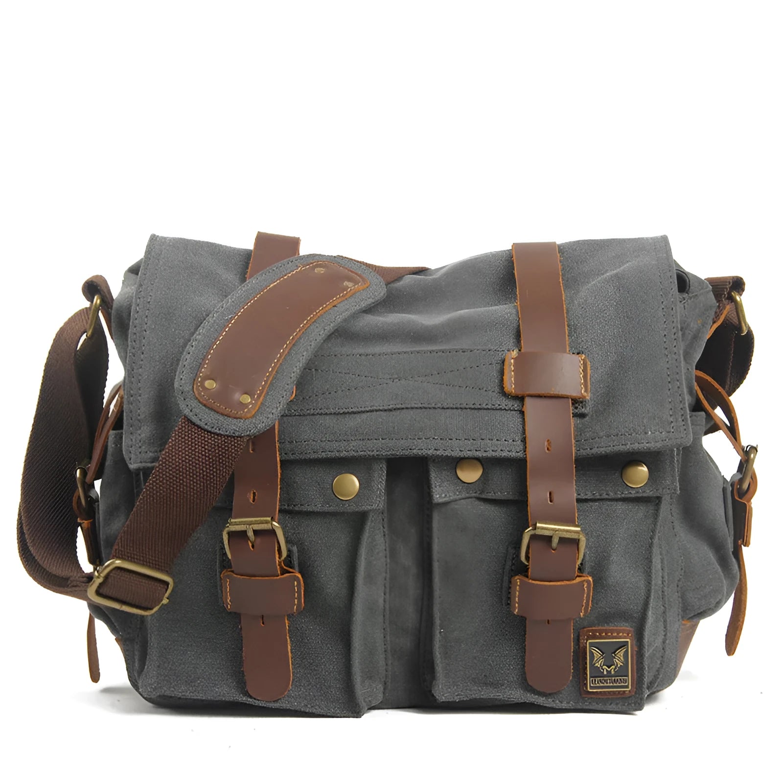 Army Green men's retro canvas crossbody shoulder bag with leather trim showing flap and internal organiser pockets.