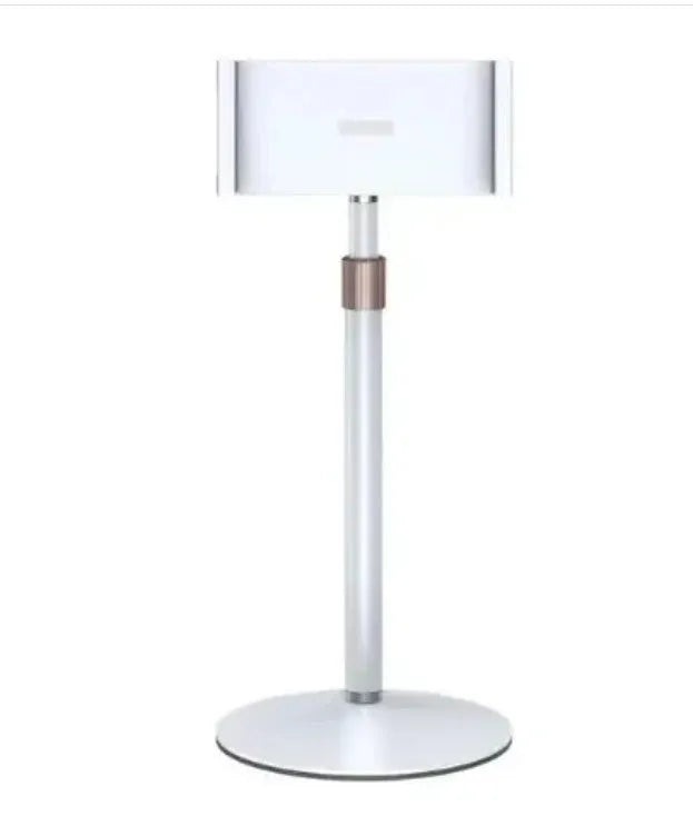 Black lifting metal bracket holding a tablet, showing its telescopic arm extended.