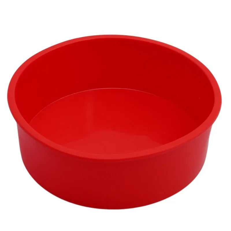 Red silicone round cake baking mould showing three size options: 8-inch, 6-inch and 4-inch