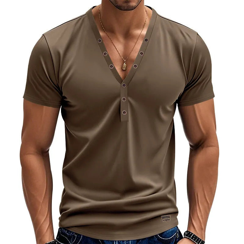 Men's loose fit V-neck pullover top with button detail in a light blue colour