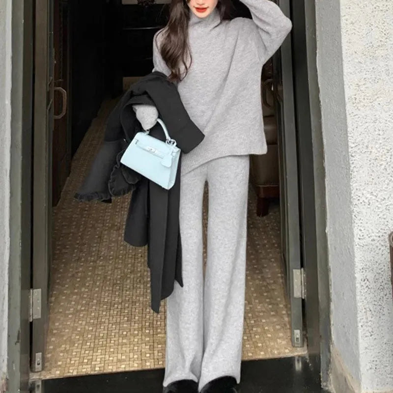 Women's casual long-sleeve sweater and wide-leg trousers co-ordinated set.