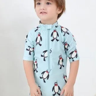 Boys' penguin print long sleeve swimsuit set with matching swimming cap for sun protection