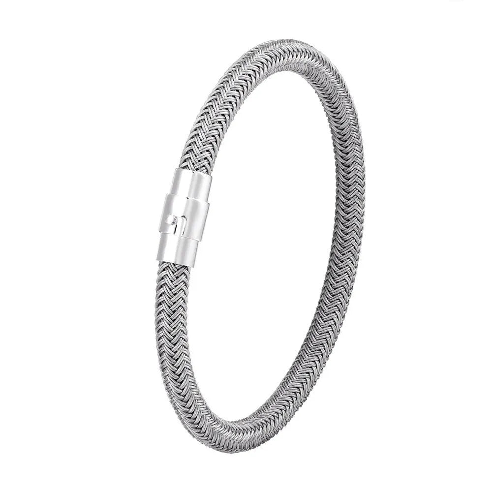 Men's titanium steel geometric bracelet with a magnetic clasp shown in one of four available colour finishes.