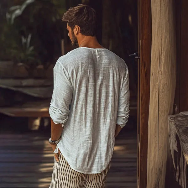 Men's beige slim fit V-neck long-sleeved t-shirt made from a hemp-blend fabric.