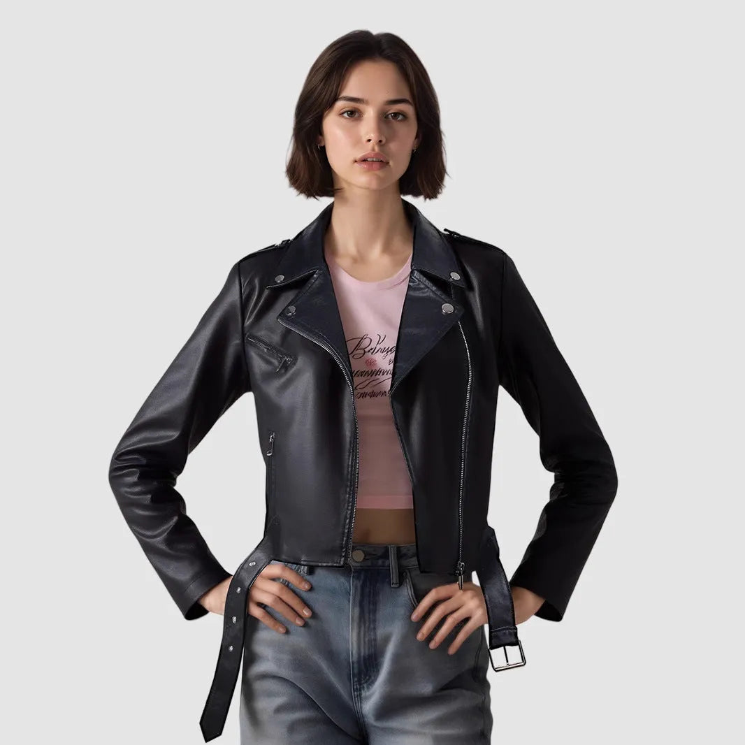 Women's short black PU leather jacket with waist belt on hanger