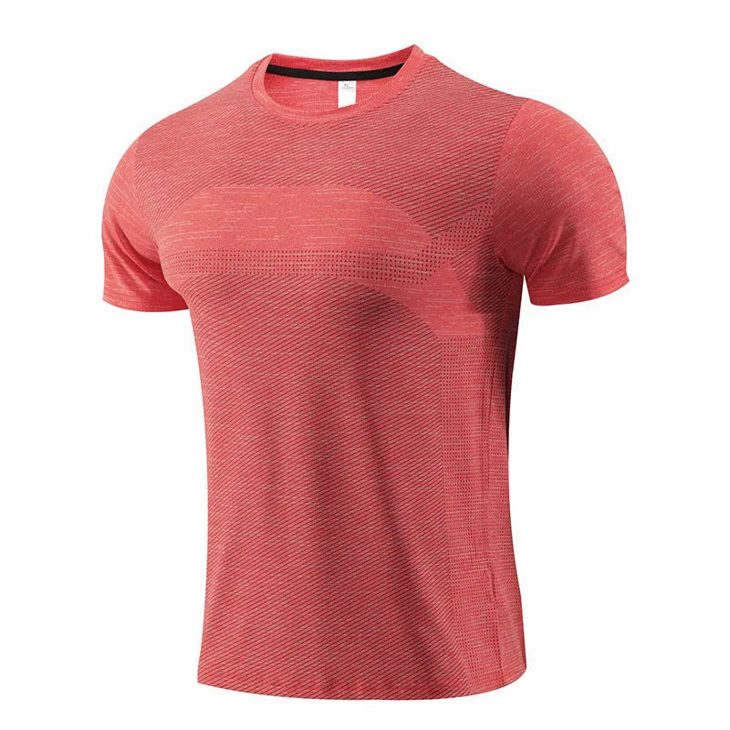 Men's short-sleeved athletic t-shirt for running and basketball in a polyester spandex fabric.