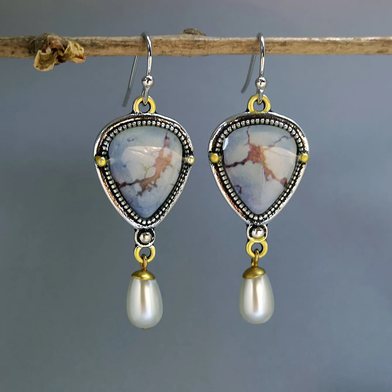 Retro blue geometric drop earrings for women with synthetic opal stone and white pearl.