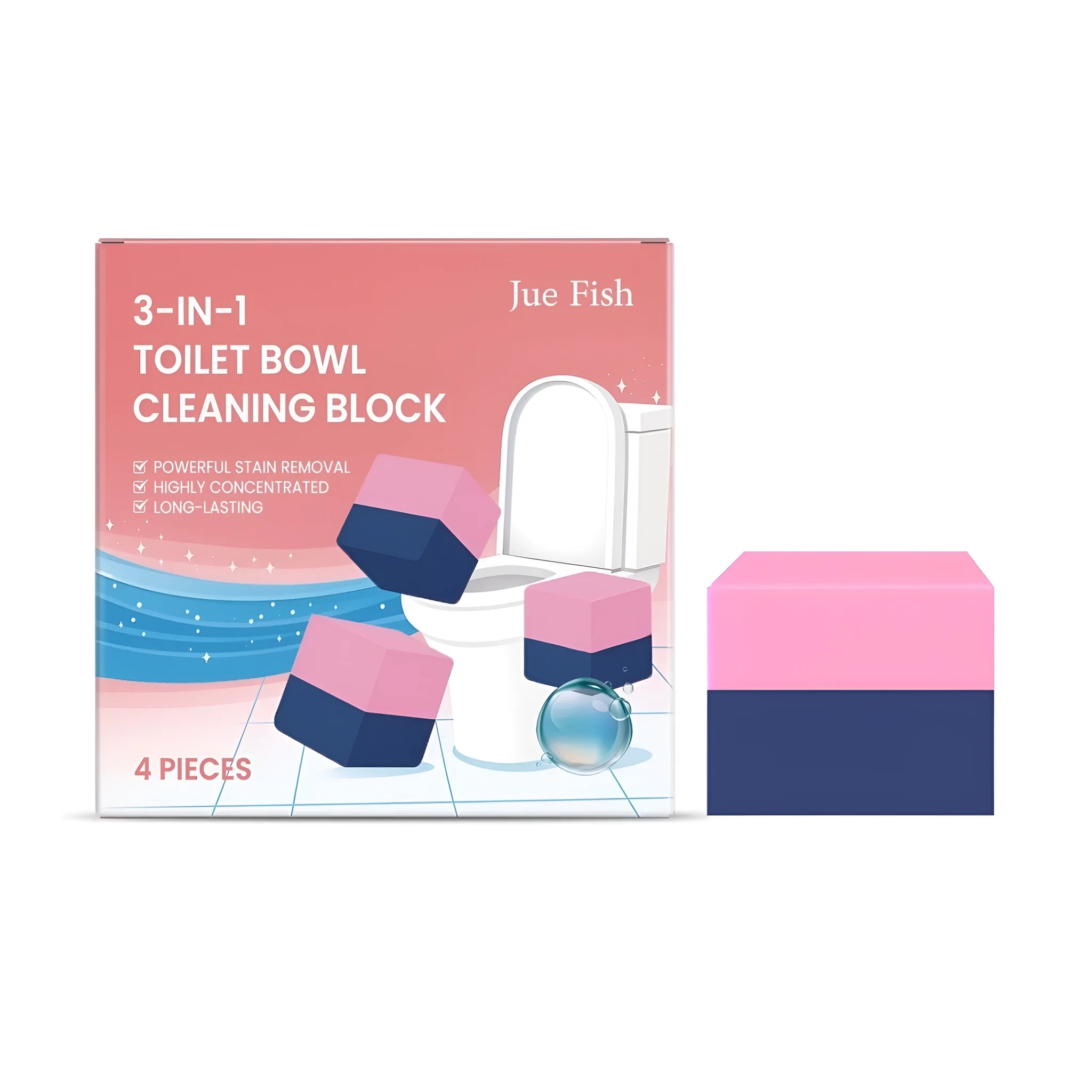Four blue toilet cleaning blocks for cistern use with three-in-one cleaning formula.