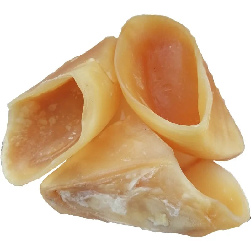 Natural hoof shell coloured cowhide dog chew on a white background, shown in small and large sizes.