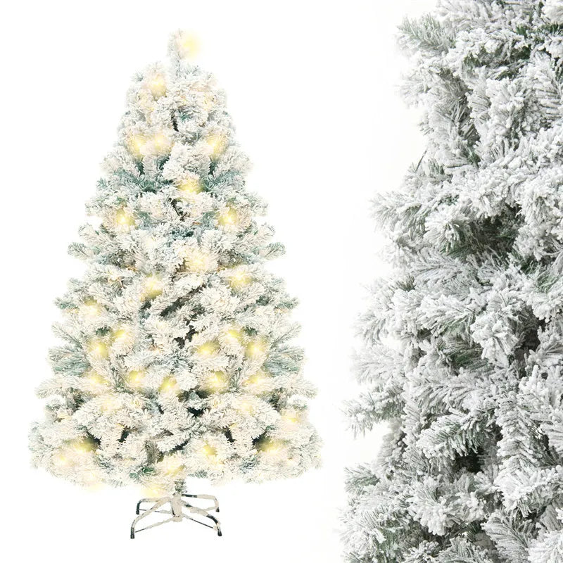 Artificial green and white snow-effect PVC Christmas tree with metal stand.