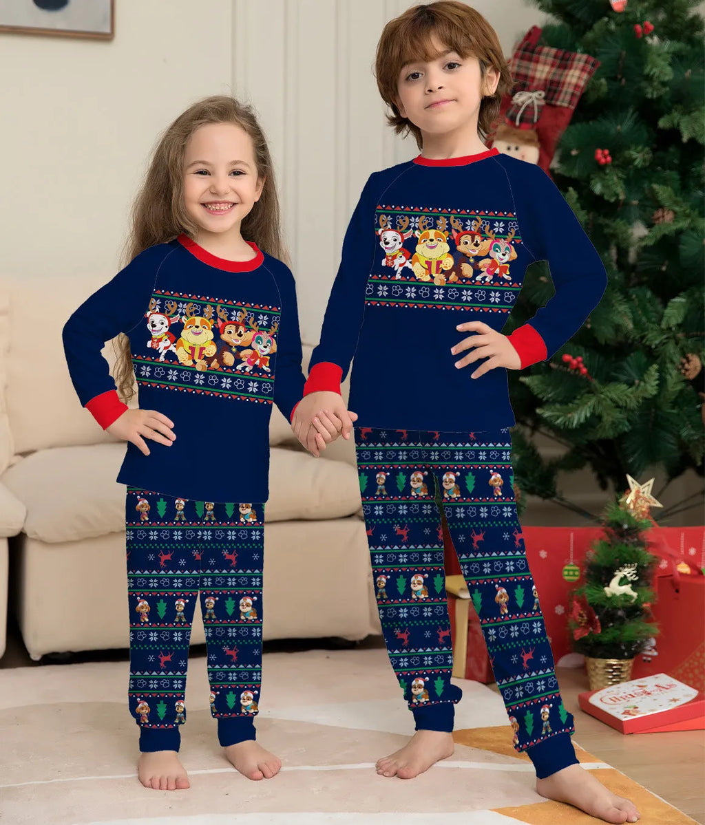 Matching family Christmas pyjamas set with plaid and deer print design in various sizes