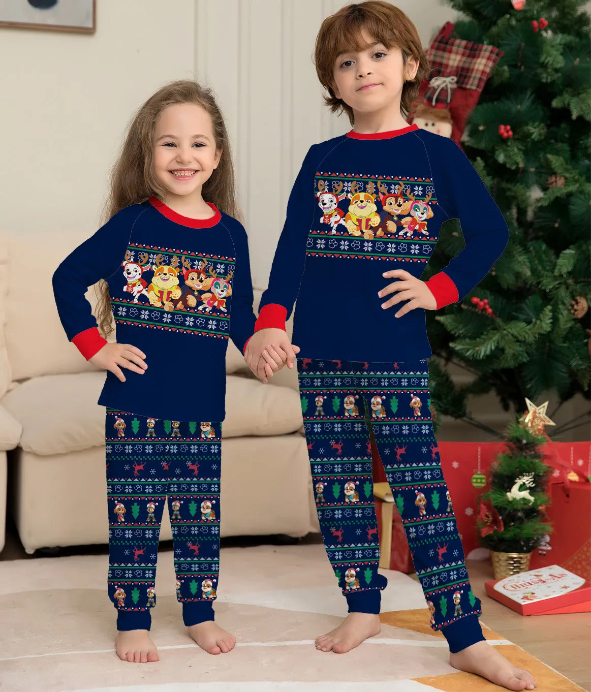 Matching family Christmas pyjamas set with plaid and deer print design in various sizes