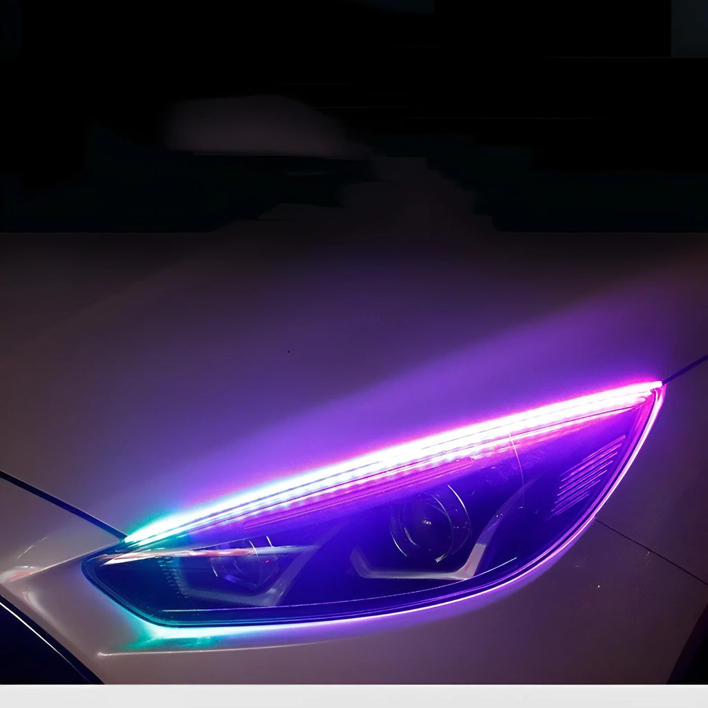 Universal LED daytime running light with remote control in RGB colours, shown in 30cm, 45cm, and 60cm sizes.
