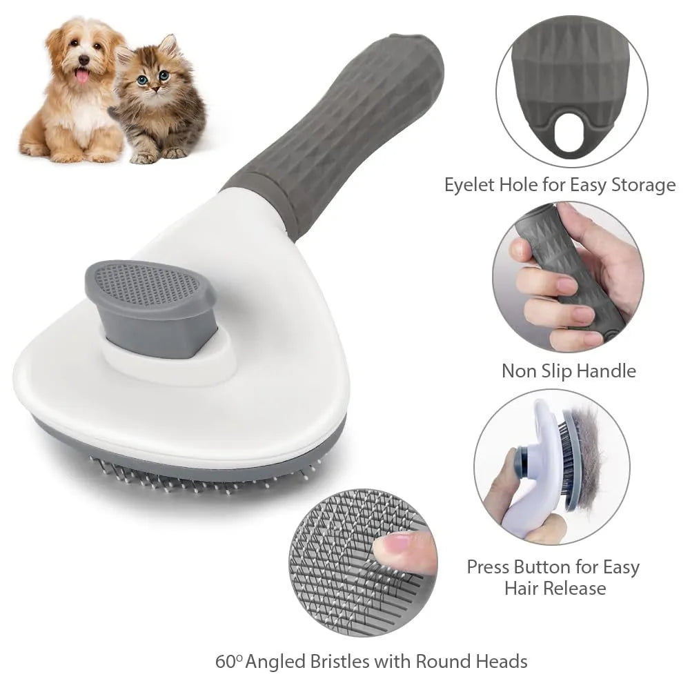 Blue cat deshedding brush with a release button, fine wire bristles, for removing loose fur from pets.