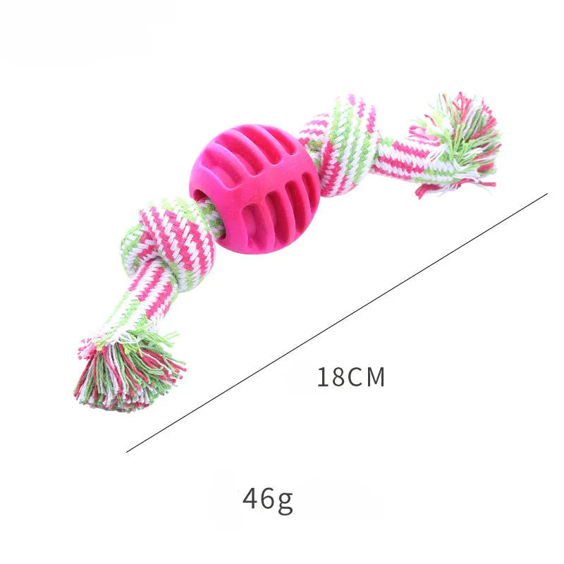 Set of colourful blue, green, orange, pink, and red dog chew toys with rope textures for dental health.