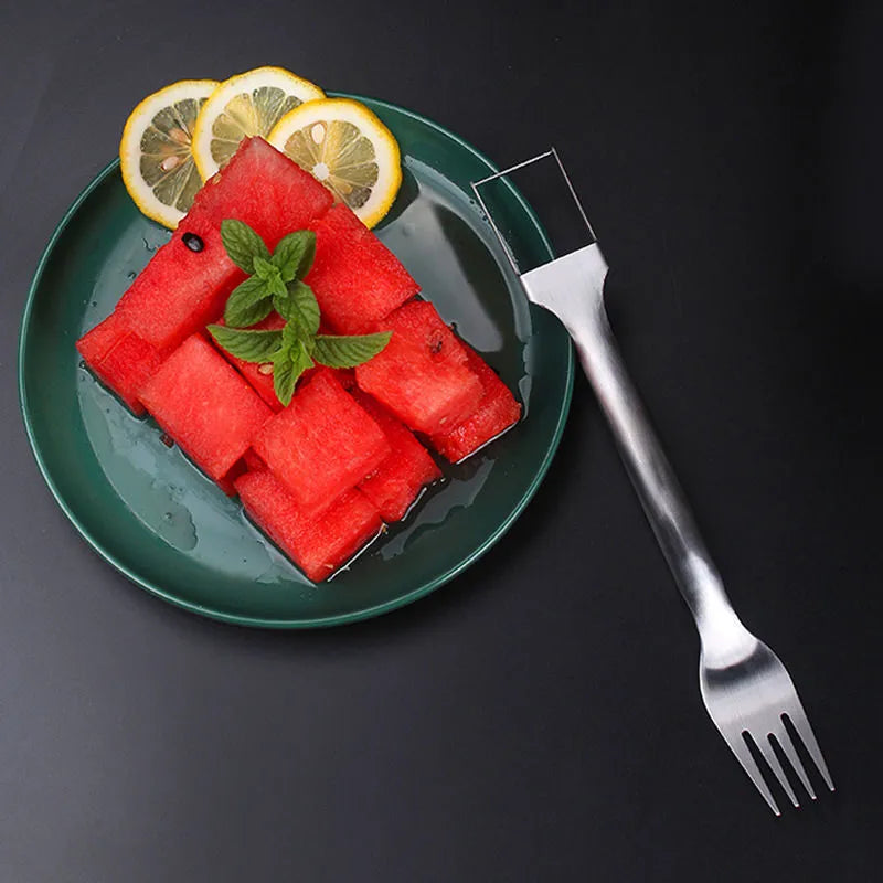 Stainless steel watermelon slicer with fork head showing 26cm length