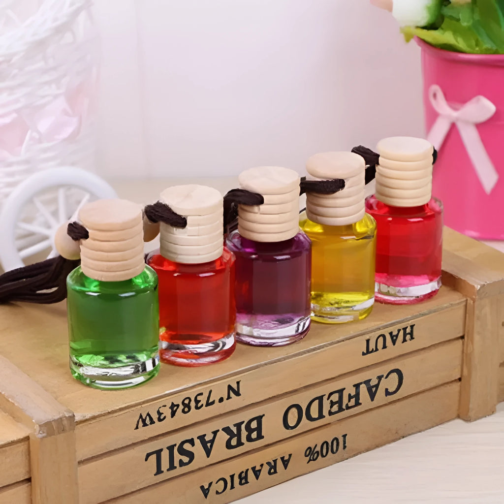 Glass bottle car air freshener hanging ornament with choice of six 55g scents.