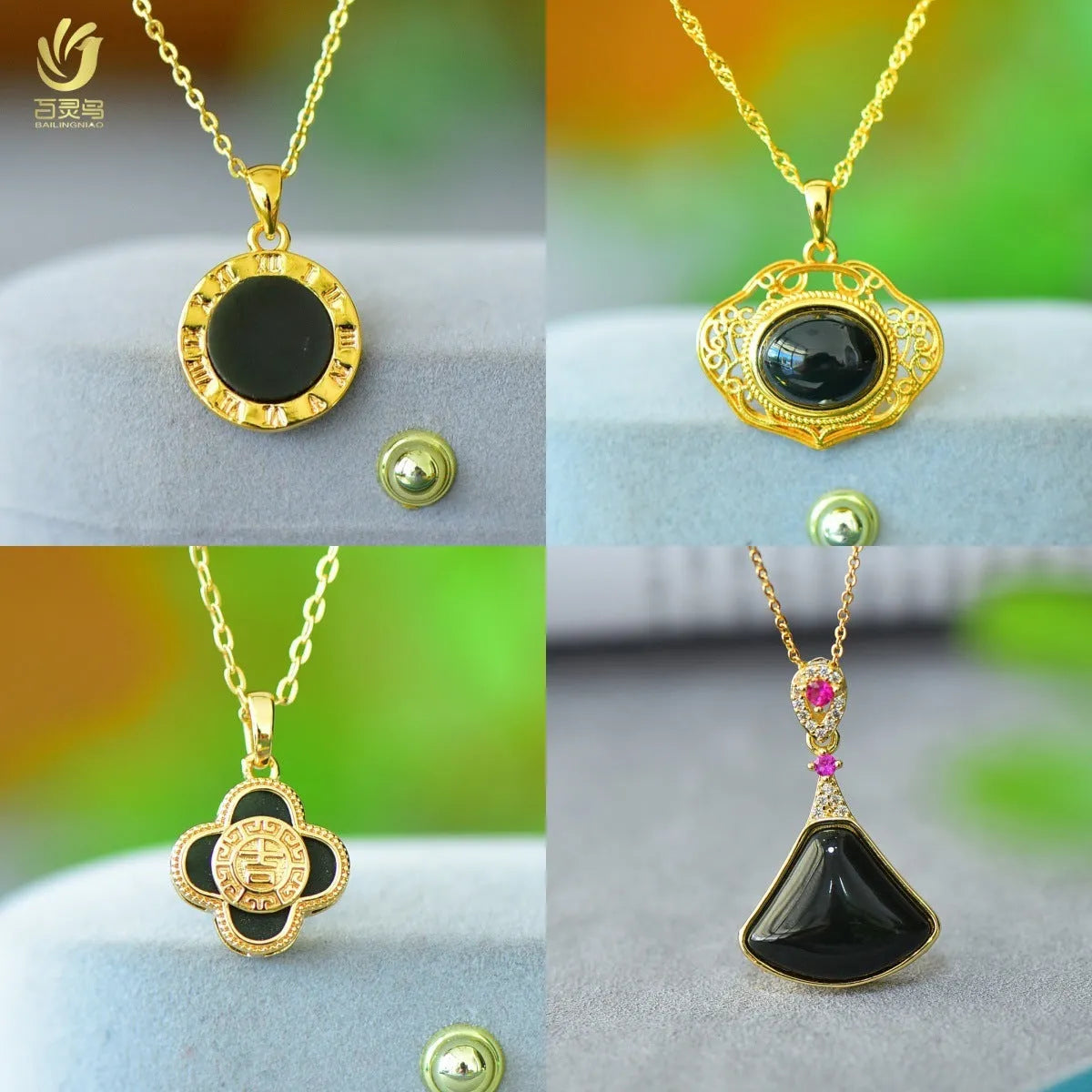 Flat disc pendant of grey and ink blue Hetian Jade with a decorative copper inlay on a necklace chain.