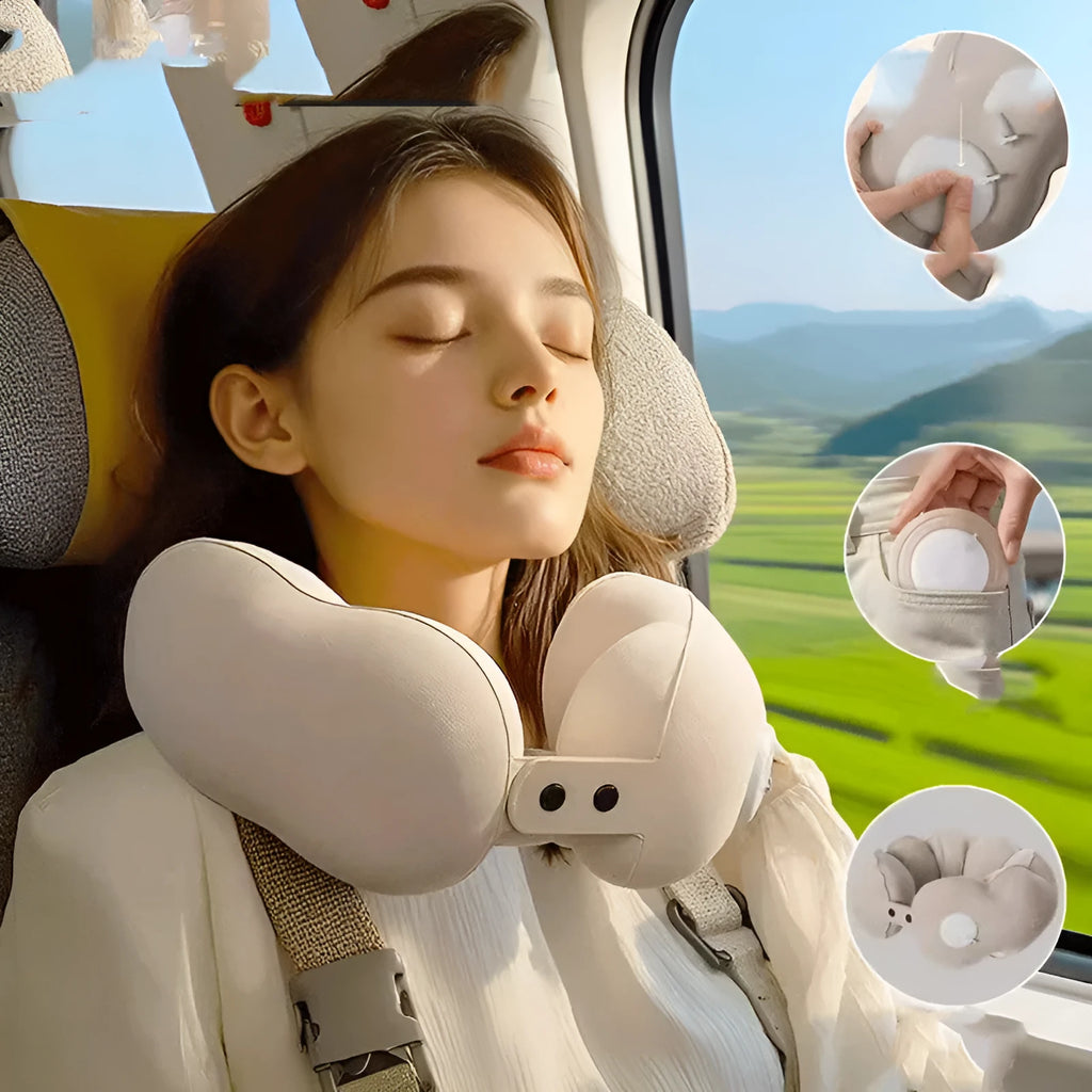 Inflatable blue and white cloud-pattern U-shaped travel neck pillow with carrying bag.