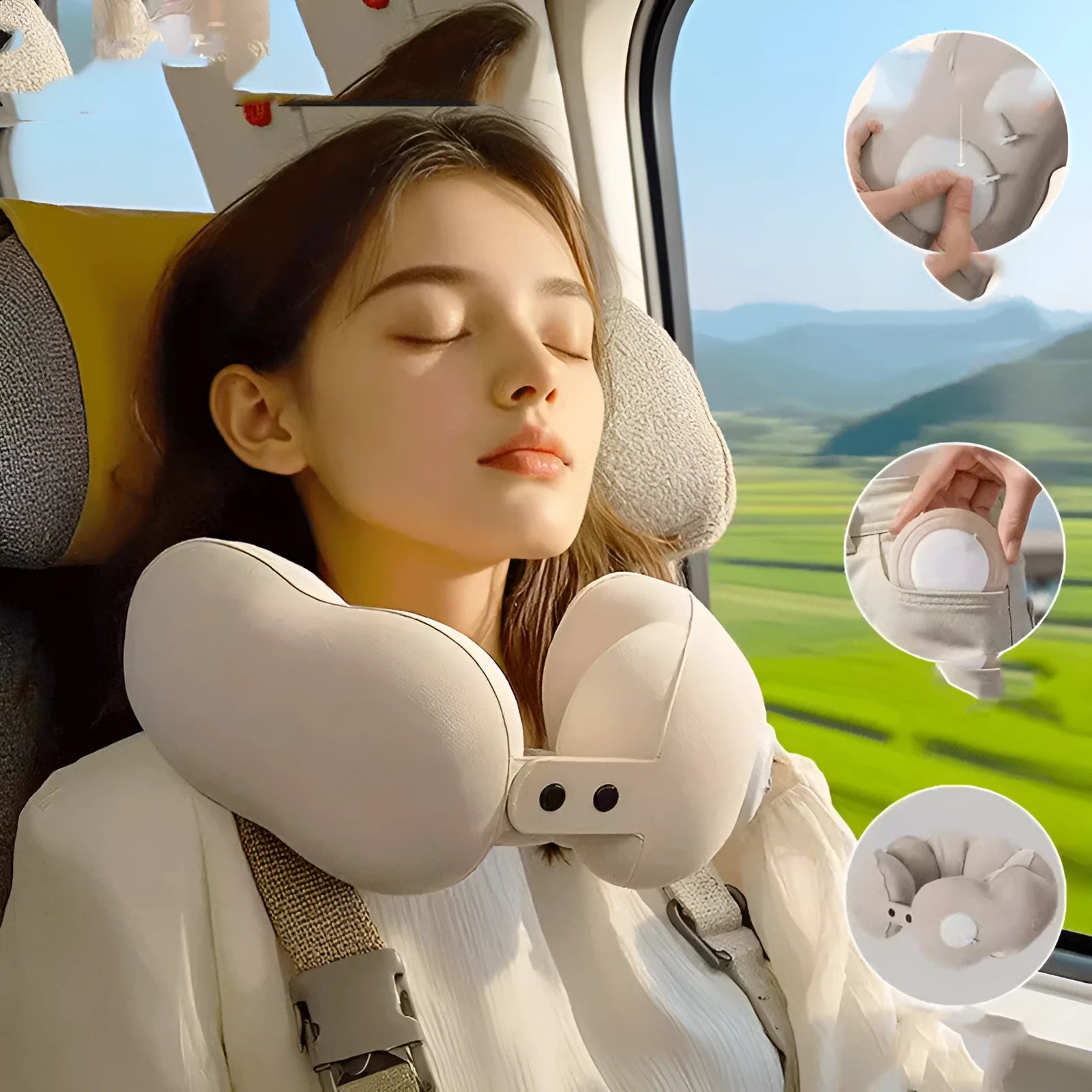 Inflatable blue and white cloud-pattern U-shaped travel neck pillow with carrying bag.
