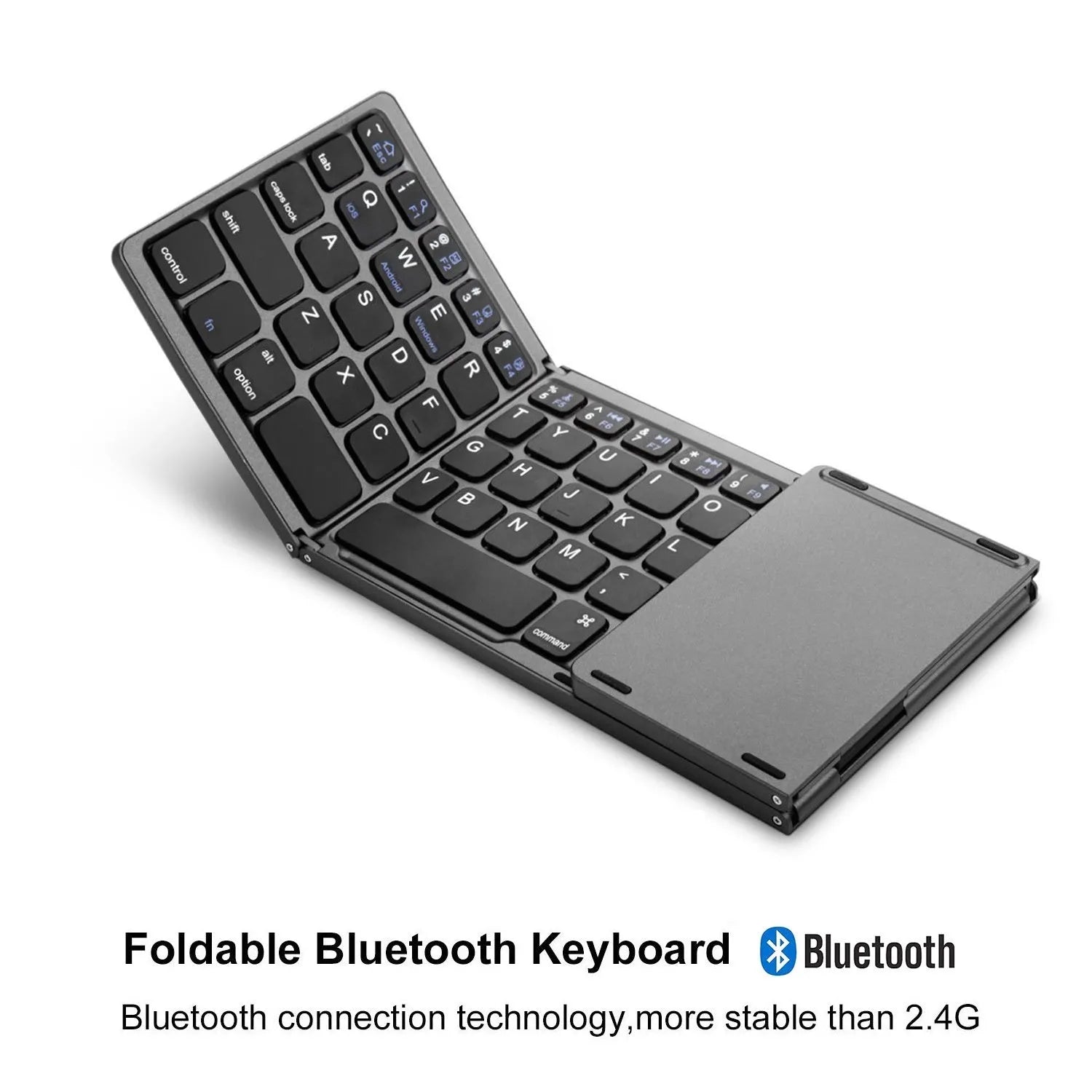 Mini tri-fold Bluetooth keyboard shown unfolded and folded, in black and silver colours