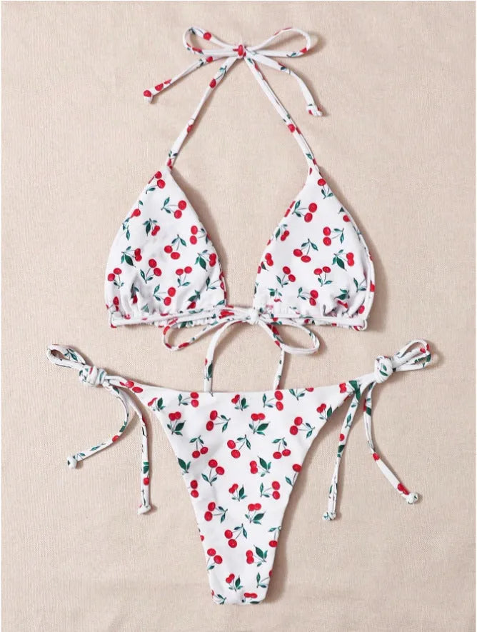 Women's holiday split halter bikini swimsuit in Picture Colour with backless design