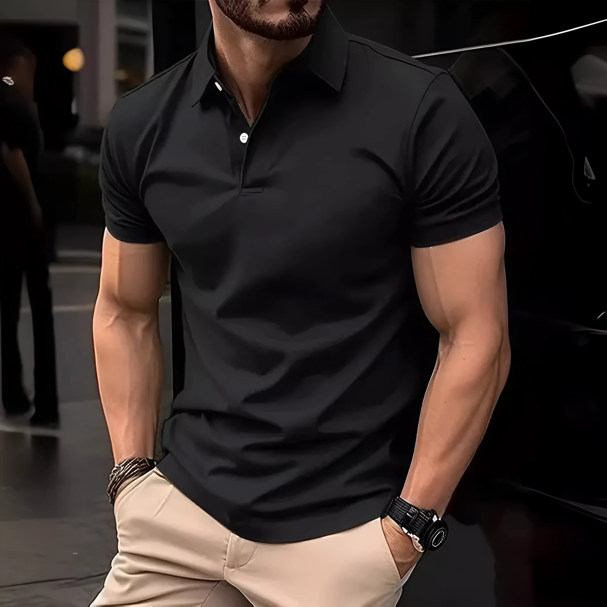 Men's slim fit cotton-mix short sleeve button shirt on a hanger in multiple colour options.