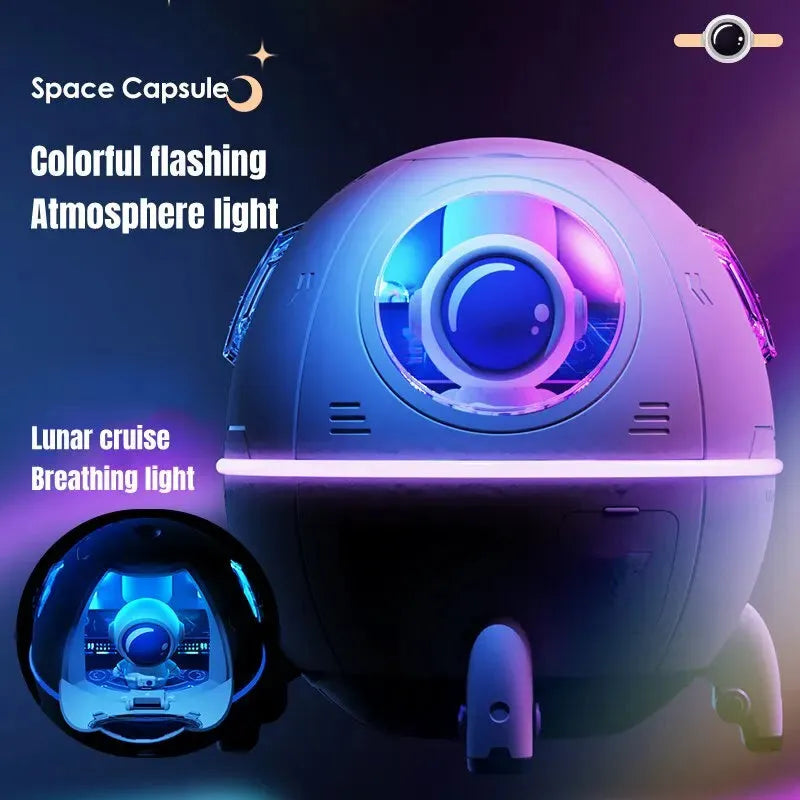 Astronaut-themed portable USB desktop humidifier with colourful LED lights showing 220ml water capacity