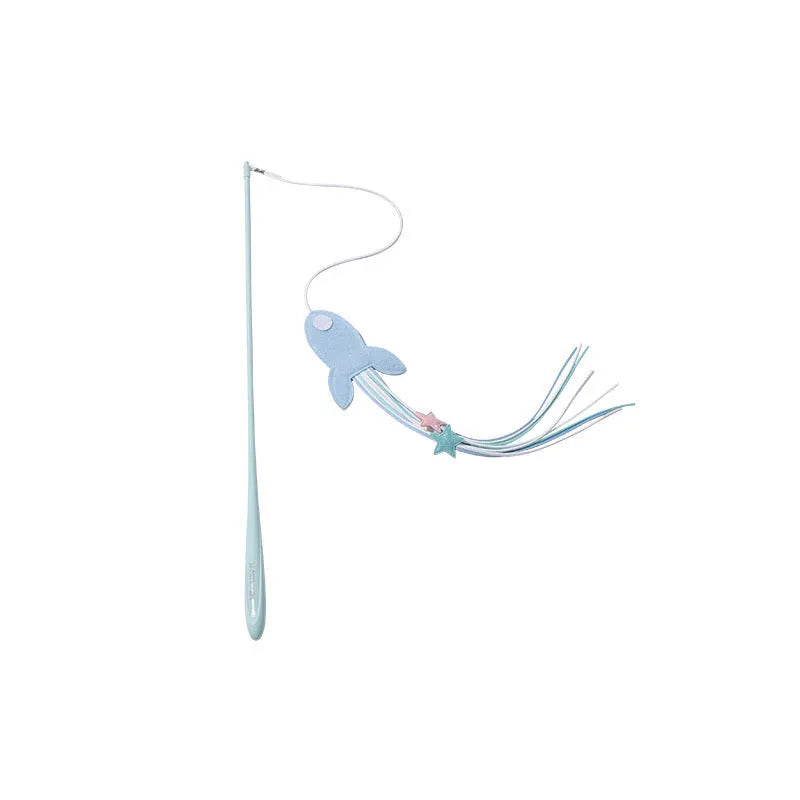 Blue cat teaser toy with long pole and feather attachments for interactive play