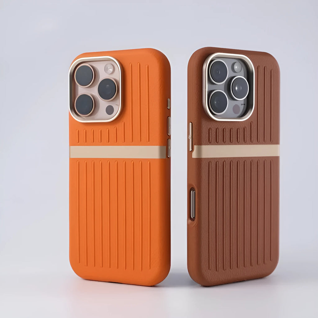Corrugated magnetic phone case in black with frosted imitation leather finish for IPhone 15.