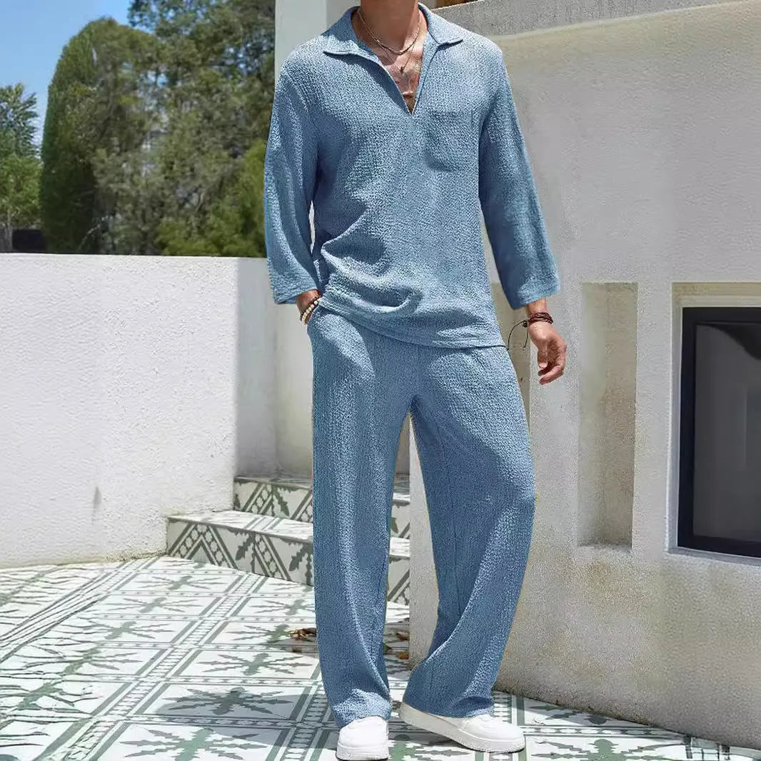 Men's casual polyester shirt and trousers set in lake blue colour