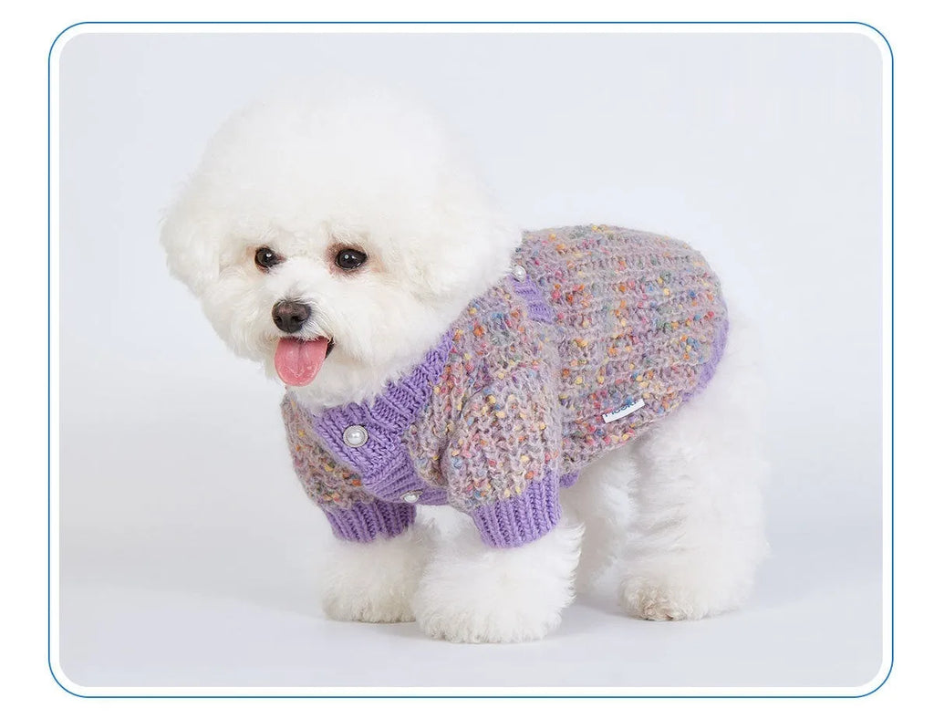 Purple dog sweater cardigan on small dog showing soft polyester fabric and front closure