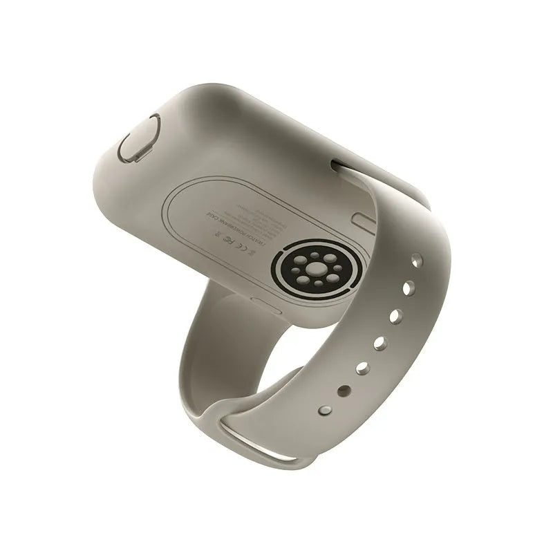 Apple Watch portable charging case with silicone sleeve, shown alongside compatible watch.