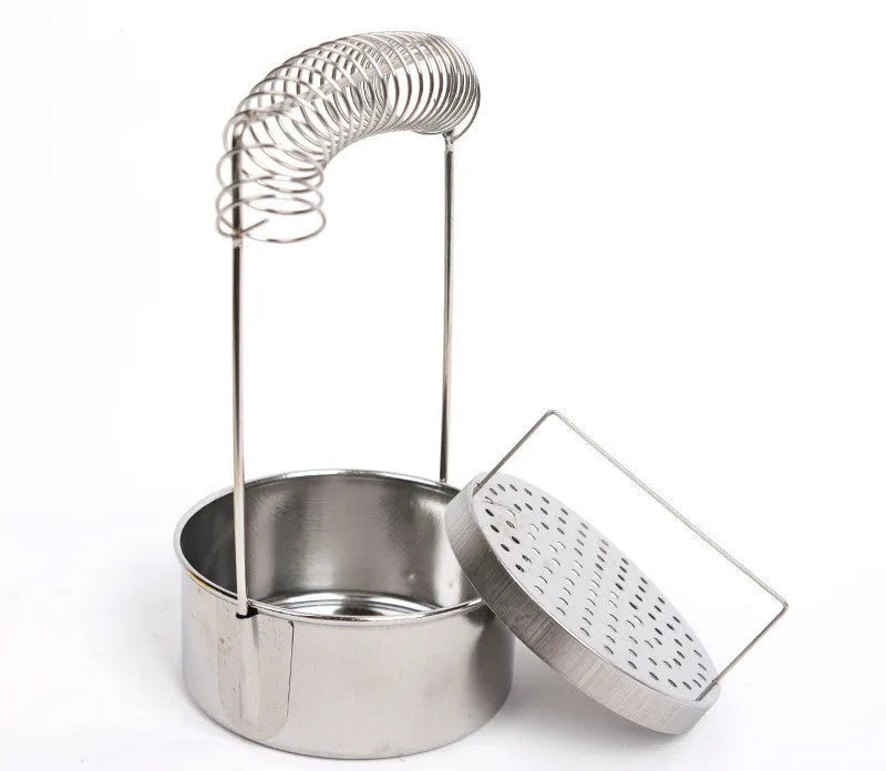 Silver stainless steel oil painting pen washer tank with a spring clip for holding brushes.