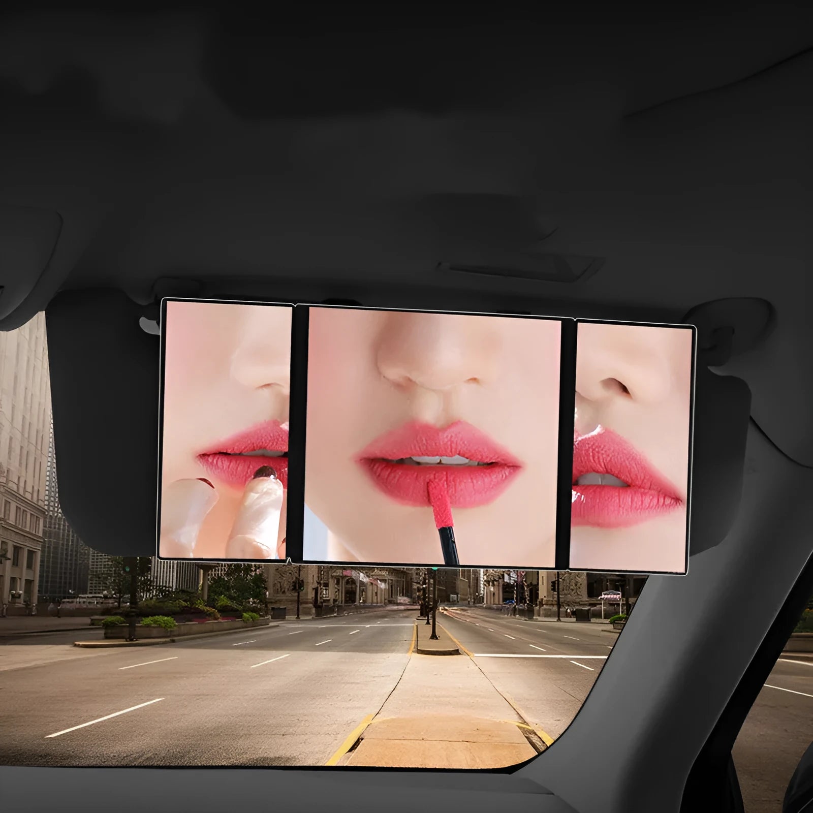 Silver portable car folding mirror shown both closed and opened on a flat surface.