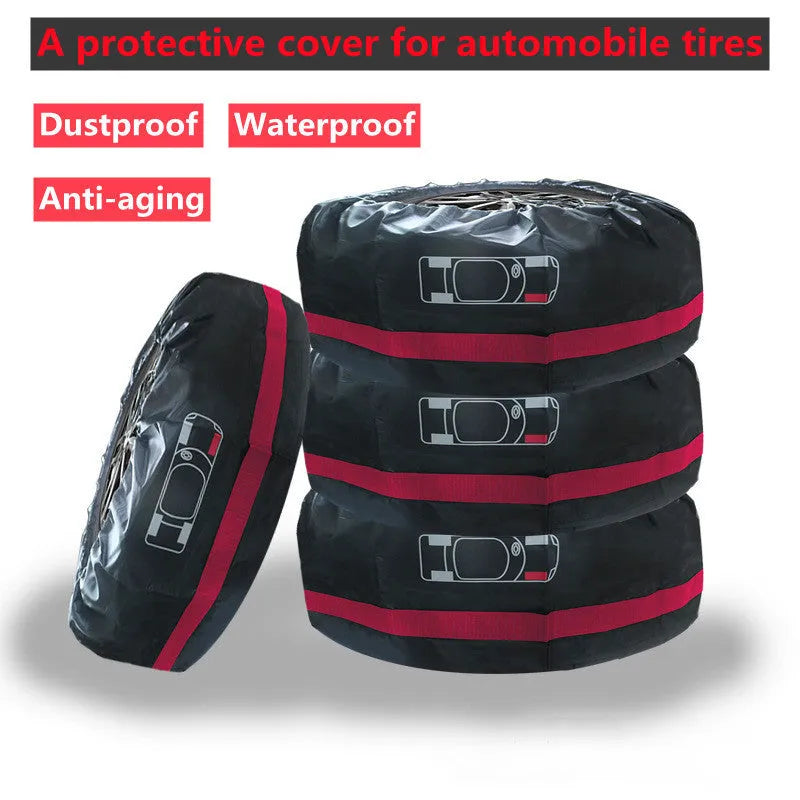 Four oxford cloth car tyre protective covers showing black belt style and red belt style options