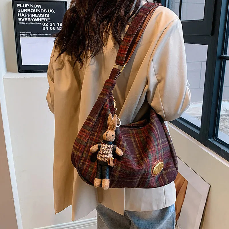 Women's large capacity woolen shoulder bag in horizontal square shape with crossbody strap