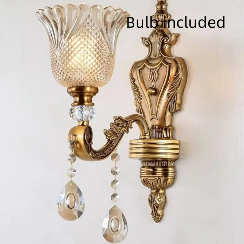 Retro crystal glass wall lamp, single-head, European style, for living room or corridor decorative lighting