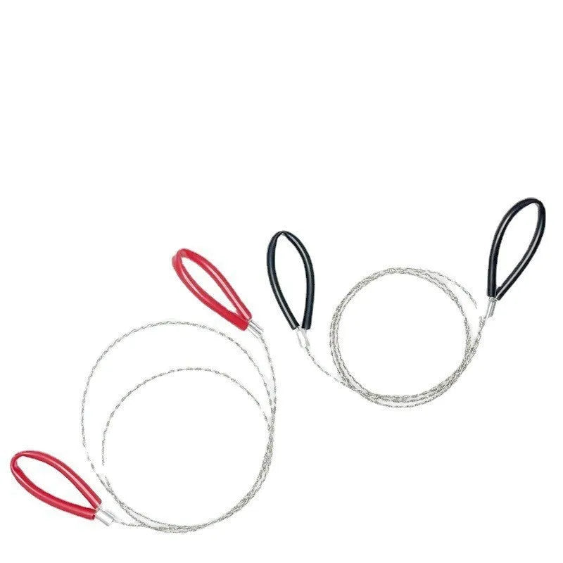 Black and red coloured outdoor survival hand saw with stainless steel cutting wire, shown at full 70 cm length.