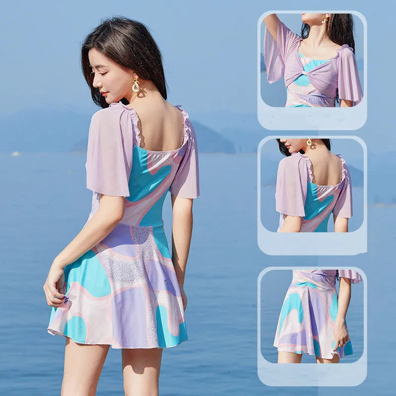 Women's floral high-waist one-piece swimsuit in light purple and light blue patterns