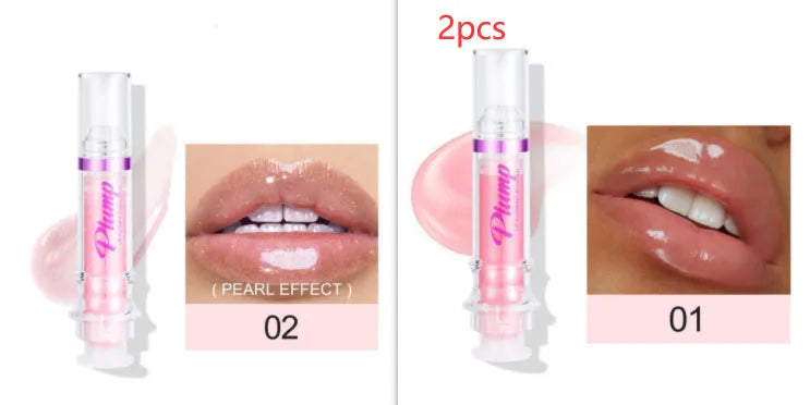 Lip gloss tube with mirror finish showing shiny application on lips