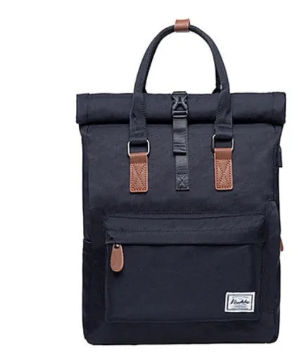 Casual polyester backpack with cover opening showing computer pocket and zipper compartment