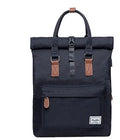 Casual polyester backpack with cover opening showing computer pocket and zipper compartment