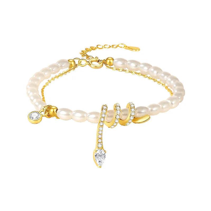 Pearl snake beaded bracelet in 925 silver with geometric snake charm and electroplated finish