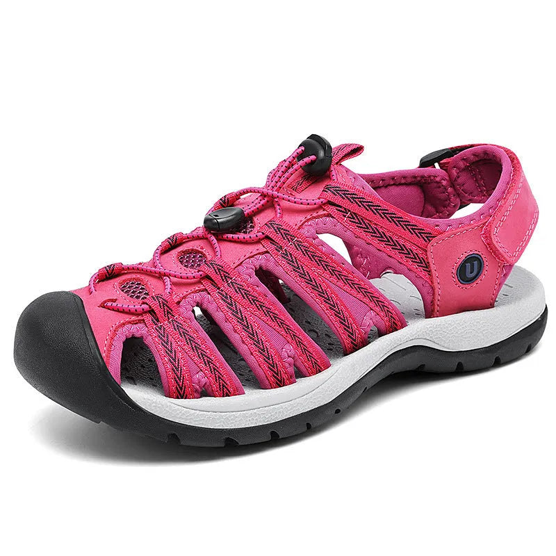 Women's black leather mesh toe box sandals with elastic band fastening