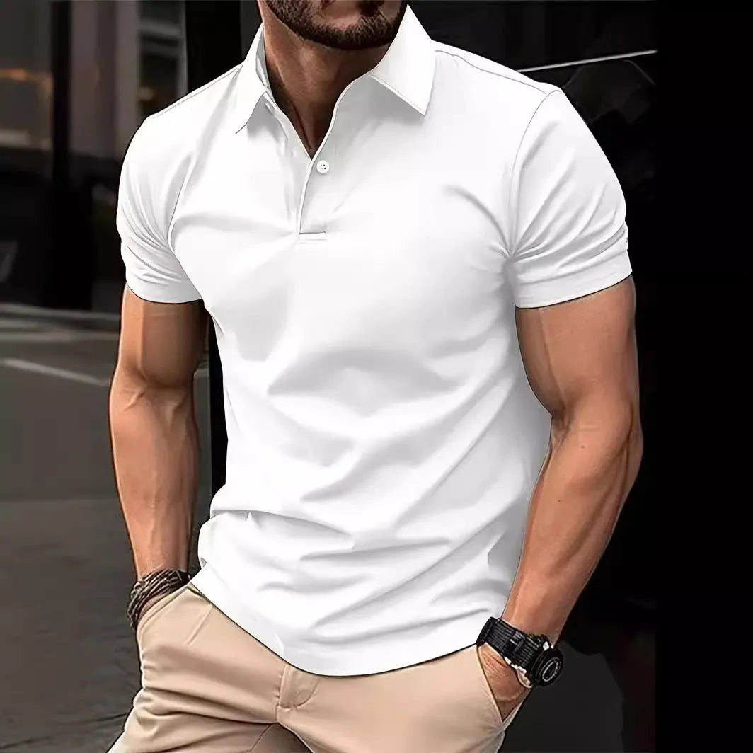 Men's slim fit cotton-mix short sleeve button shirt on a hanger in multiple colour options.