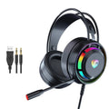 Black wired over-ear computer headphones with a microphone and a choice of 3.5mm or USB plug.