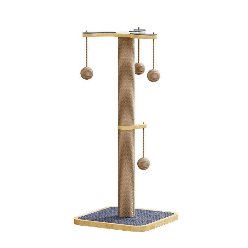 Simple style cat climbing frame with a hanging ball toy, made from pine wood and carpet leather.