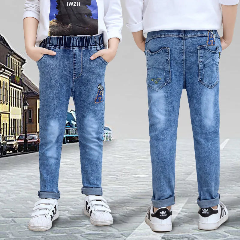 Boys jeans with one-piece velvet lining in light blue, size 100cm to 160cm, autumn winter